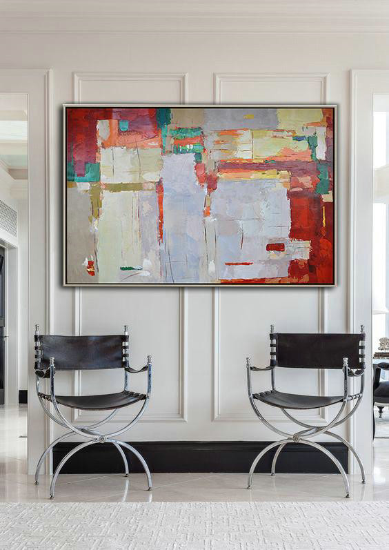 Original Extra Large Wall Art,Oversized Horizontal Contemporary Art,Abstract Art Decor,Contemporary Painting,Grey,Red,Yellow.etc
